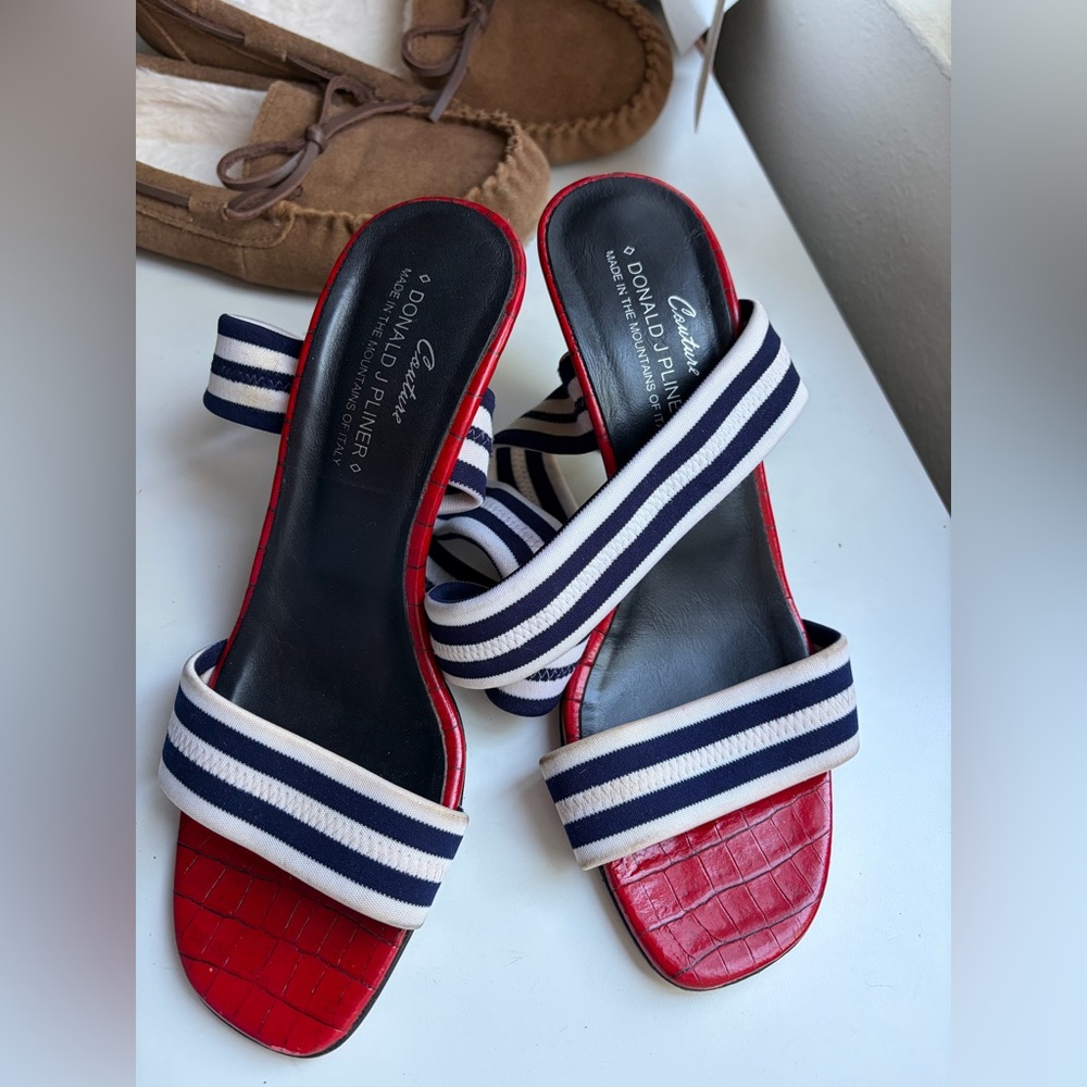 Donald J. Pliner Red Croc-Print Slide Sandals with Navy & White Straps